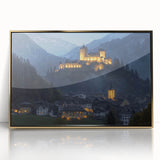 Framed acrylic artwork showcasing a stunning landscape featuring a majestic castle, elegantly surrounded by lush greenery and a bright blue sky, perfect for home decor.