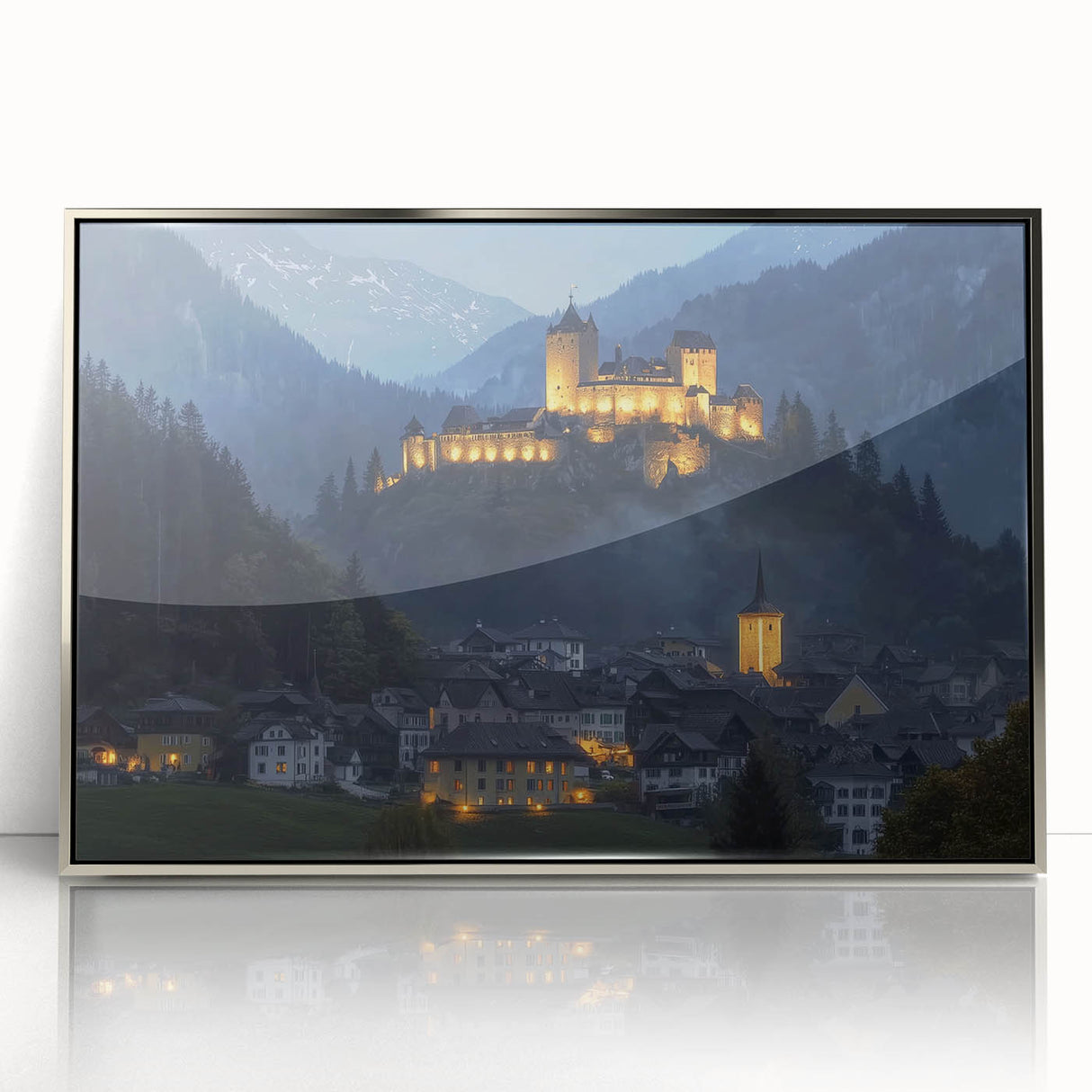 Framed acrylic artwork showcasing a stunning landscape with a castle, elegantly presented in a silver frame, ideal for home decor and art enthusiasts.