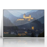 Framed acrylic landscape artwork showcasing a majestic castle surrounded by lush greenery, presented in a sleek white frame, perfect for home decor.