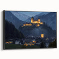 Framed canvas artwork showcasing a picturesque landscape with a majestic castle, featuring black framing and a side view that highlights its elegant design, perfect for enhancing home decor.