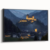 Framed canvas artwork showcasing a picturesque landscape with a majestic castle, featuring black framing and a side view that highlights its elegant design, perfect for enhancing home decor.