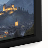 Framed canvas artwork showcasing a detailed landscape of a majestic castle surrounded by lush greenery, perfect for home decor enthusiasts seeking unique wall art.