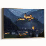 Framed canvas artwork showcasing a stunning landscape with a castle, featuring intricate details in gold accents and a sleek side view, perfect for home decor.