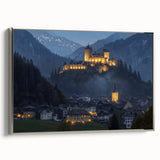 Framed canvas artwork titled "Design 45," showcasing a stunning landscape with a castle, highlighted by a silver frame, perfect for home decor.