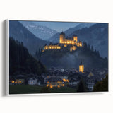 Framed canvas art showcasing a stunning landscape featuring a majestic castle surrounded by lush greenery. The white frame enhances the vibrant colors of the artwork, making it a perfect decorative piece for home or office interiors, ideal for fans of classic architecture and nature scenes.