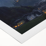 Rolled canvas artwork depicting a serene landscape with a majestic castle, showcasing vibrant colors and intricate details, ideal for home decor or office settings.