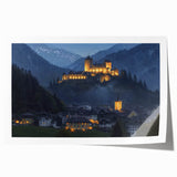 Scenic rolled print showcasing a vibrant landscape featuring a majestic castle surrounded by lush greenery, packaged securely in a protective tube for easy transport.
