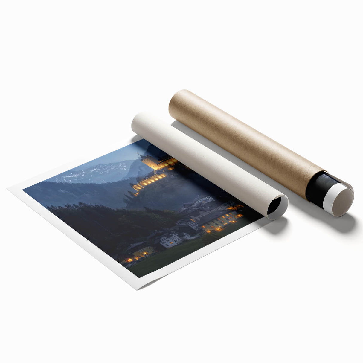 Rolled print showcasing a stunning landscape castle scene with vibrant colors, intricately designed for home decor, elegantly packaged in a protective tube.