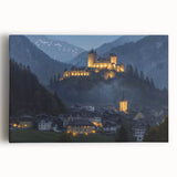 Stretched canvas artwork depicting a vibrant landscape with a majestic castle, featuring lush greenery and a clear blue sky, ideal for home decor.