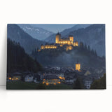 Stretched canvas artwork showcasing a vibrant landscape with a medieval castle, surrounded by lush greenery and dramatic skies, perfect for home decor and art enthusiasts.