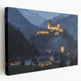 Stretched canvas artwork depicting a scenic landscape with a majestic castle, featuring vibrant colors and detailed textures, perfect for home decor or art collectors.