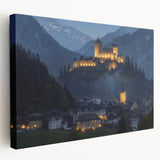 Stretched canvas artwork depicting a scenic landscape with a majestic castle, featuring vibrant colors and detailed textures, perfect for home decor or art collectors.