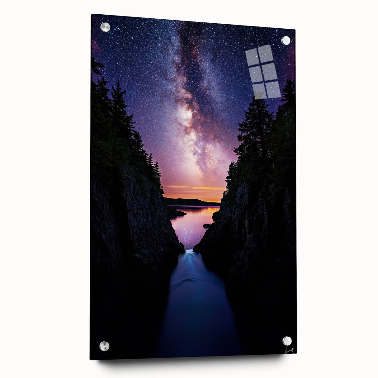 Side view of a stunning acrylic landscape artwork depicting dramatic cliffs, with glossy finish and pin attachment, perfect for modern decor.