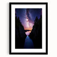 Framed landscape artwork showcasing dramatic cliffs and vibrant colors, presented in a sleek black mat for an elegant display, perfect for home decor enthusiasts.