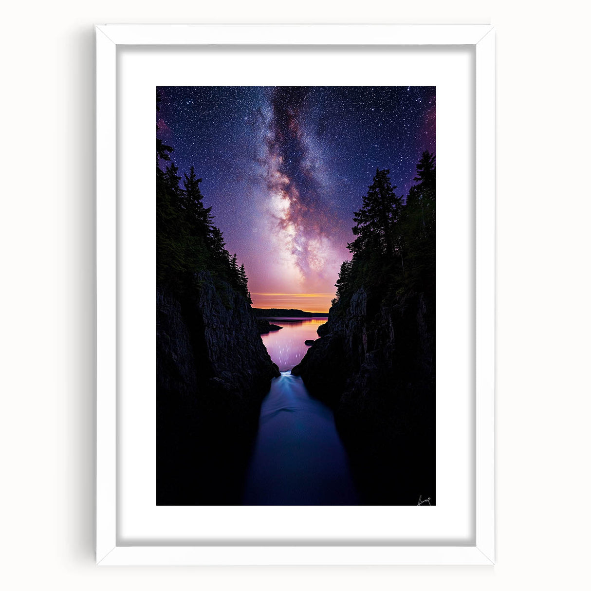 Framed landscape artwork depicting dramatic cliffs against a serene sky, featuring a white mat and sleek black frame, perfect for modern home decor.