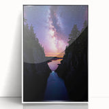 Framed acrylic artwork showcasing a stunning landscape with dramatic cliffs and vibrant colors, set against a sleek white frame, ideal for modern decor.