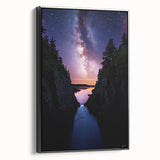 Framed canvas artwork depicting a breathtaking landscape with rugged cliffs and vibrant colors, designed to enhance home decor with a modern aesthetic. Perfect for nature lovers seeking to add a touch of elegance to their living space.