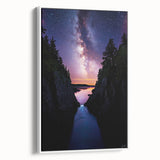 Framed canvas artwork depicting a stunning cliff landscape with vibrant colors and intricate details, featuring a sleek white frame for modern decor enhancement.