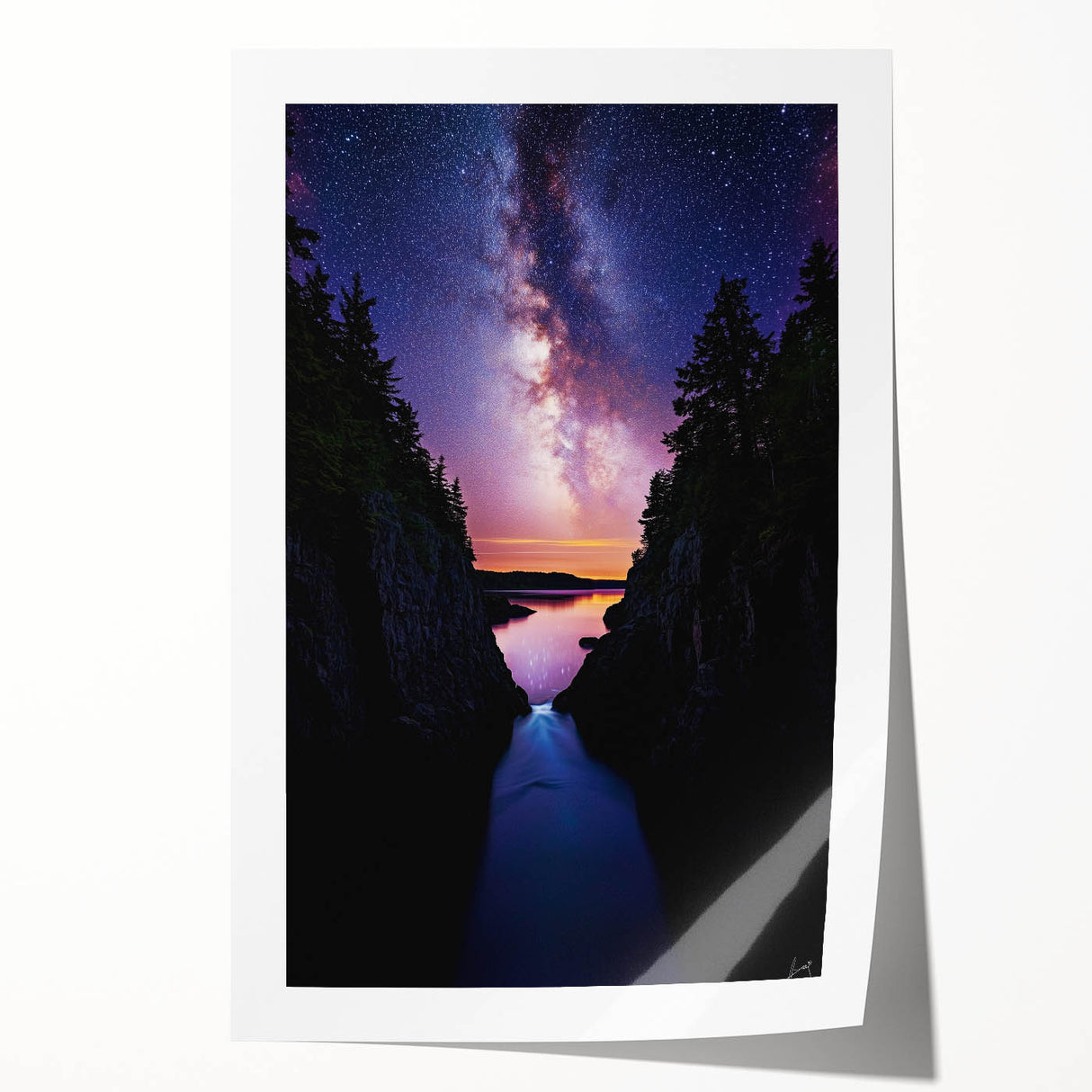 Stunning landscape print showcasing majestic cliffs against a vibrant sunset, rolled for easy shipping in a protective cardboard tube, ideal for home decor.