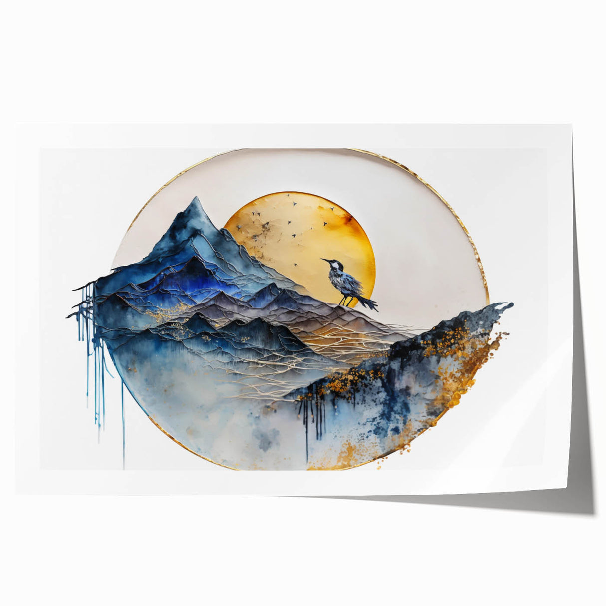 Elegant Office Wall Art - Gold & Blue Mountain Corporate Print