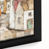 Close-up of a framed abstract architecture wall art piece showcasing geometric shapes in muted tones of blue and beige, perfect for modern home decor.