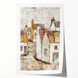 Abstract architectural wall art print showcasing dynamic geometric shapes and vibrant colors, rolled and ready for display, ideal for modern home decor.