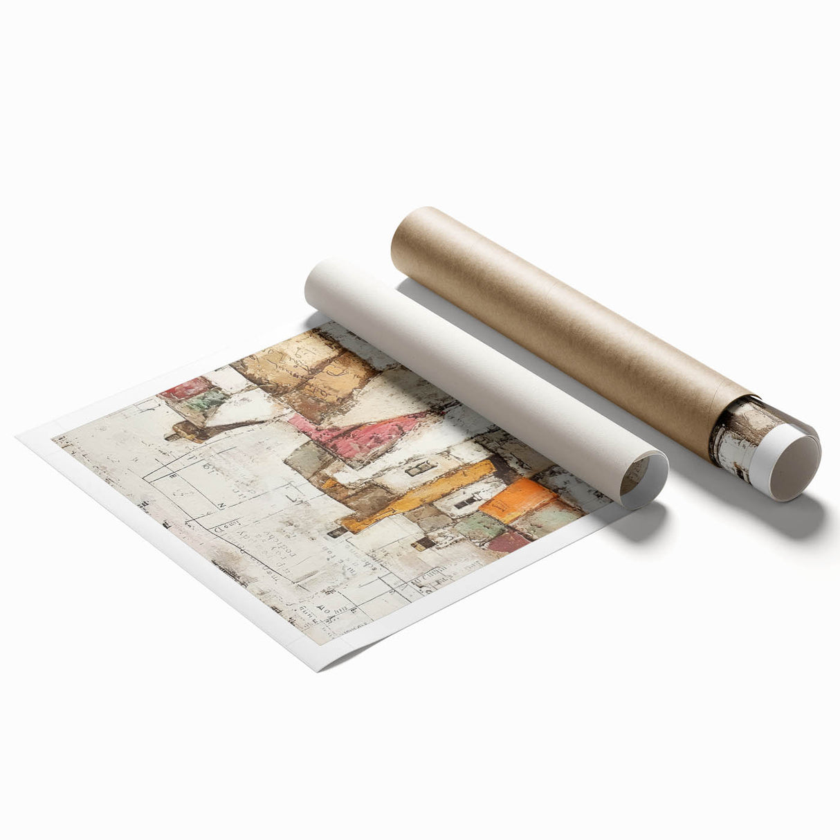 Abstract architecture wall art print showcasing geometric shapes in vibrant colors, rolled and ready for display, ideal for modern home decor.