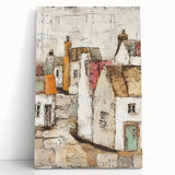 Abstract architecture wall art showcasing a vibrant, geometric design in shades of blue and orange, stretched on canvas and leaning against a wall, perfect for modern home decor.