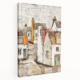Abstract architecture wall art printed on stretched canvas, showcasing geometric shapes in vibrant colors against a neutral background, ideal for modern decor.