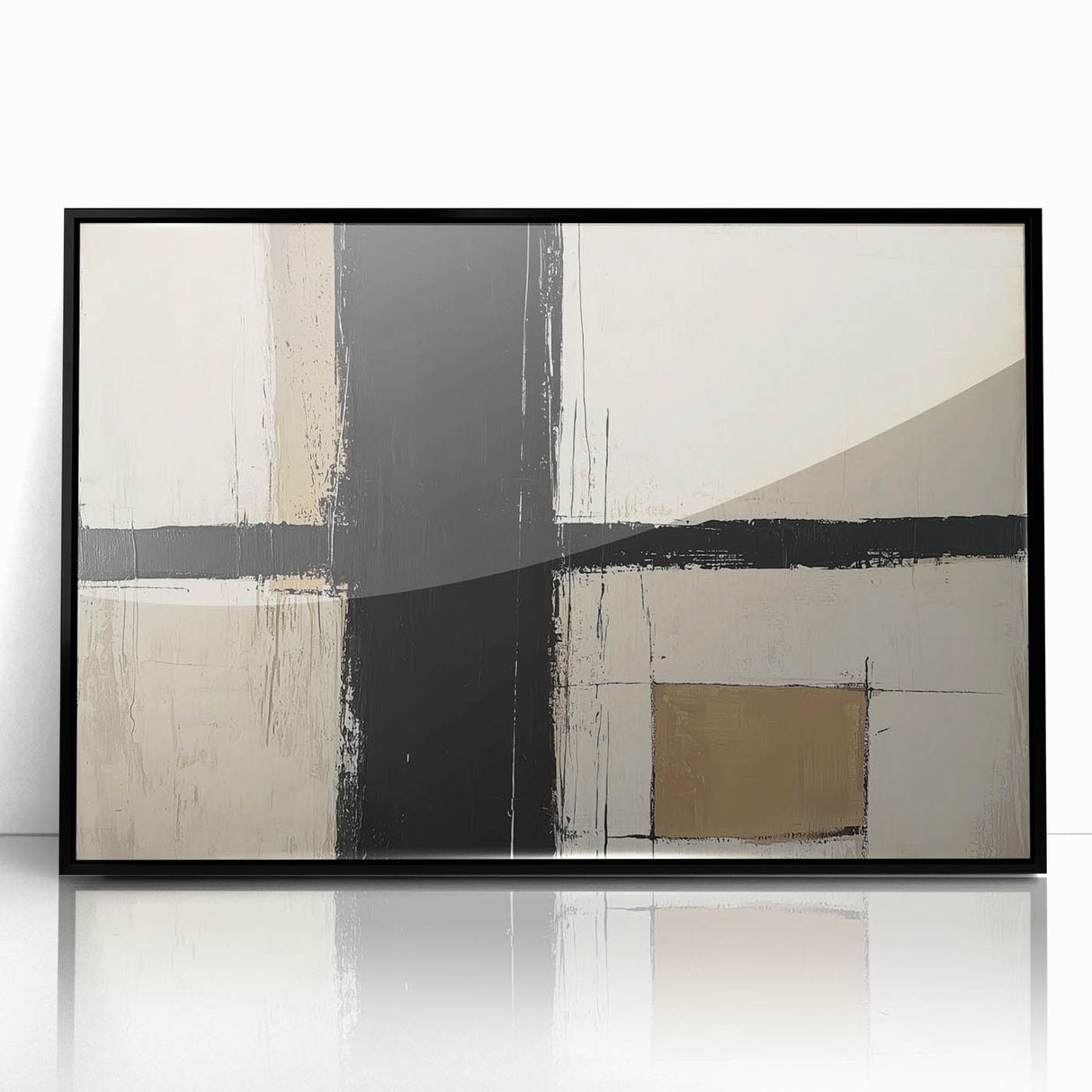 Framed acrylic artwork showcasing a striking abstract geometric design in black, featuring sharp angles and a modern aesthetic, perfect for contemporary decor.