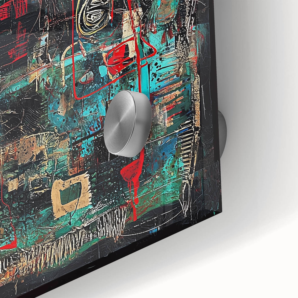 Close-up of vibrant abstract splatter artwork on acrylic glass, showcasing a mix of bold colors and fluid patterns, perfect for modern home decor.