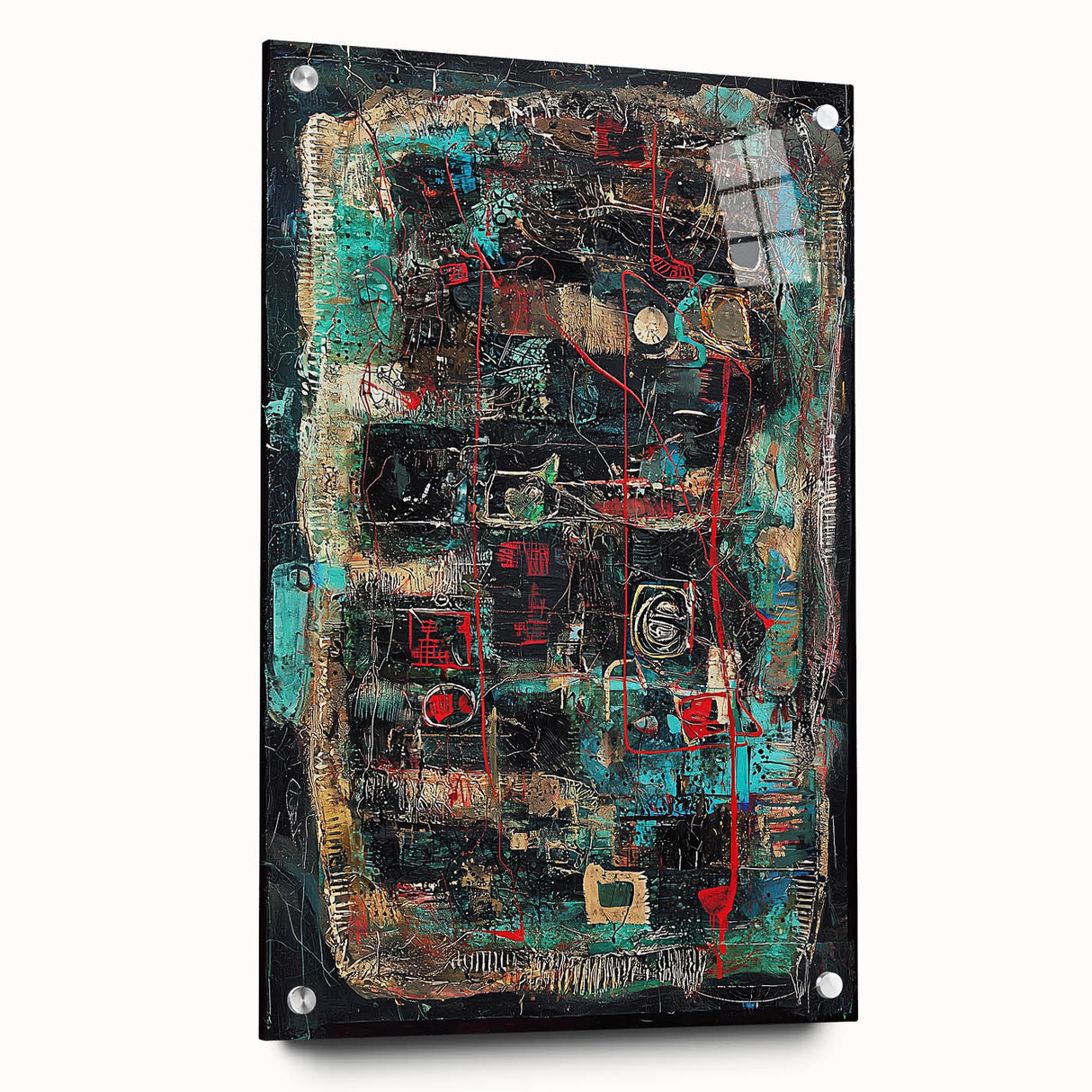 Abstract acrylic glass artwork showcasing vibrant splatters in shades of blue, yellow, and red, viewed from the side with decorative pins, ideal for modern decor.
