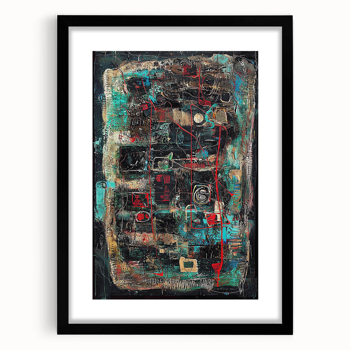 Abstract art frame showcasing vibrant black splatters on a white background, featuring a sleek mat design, perfect for modern home decor.