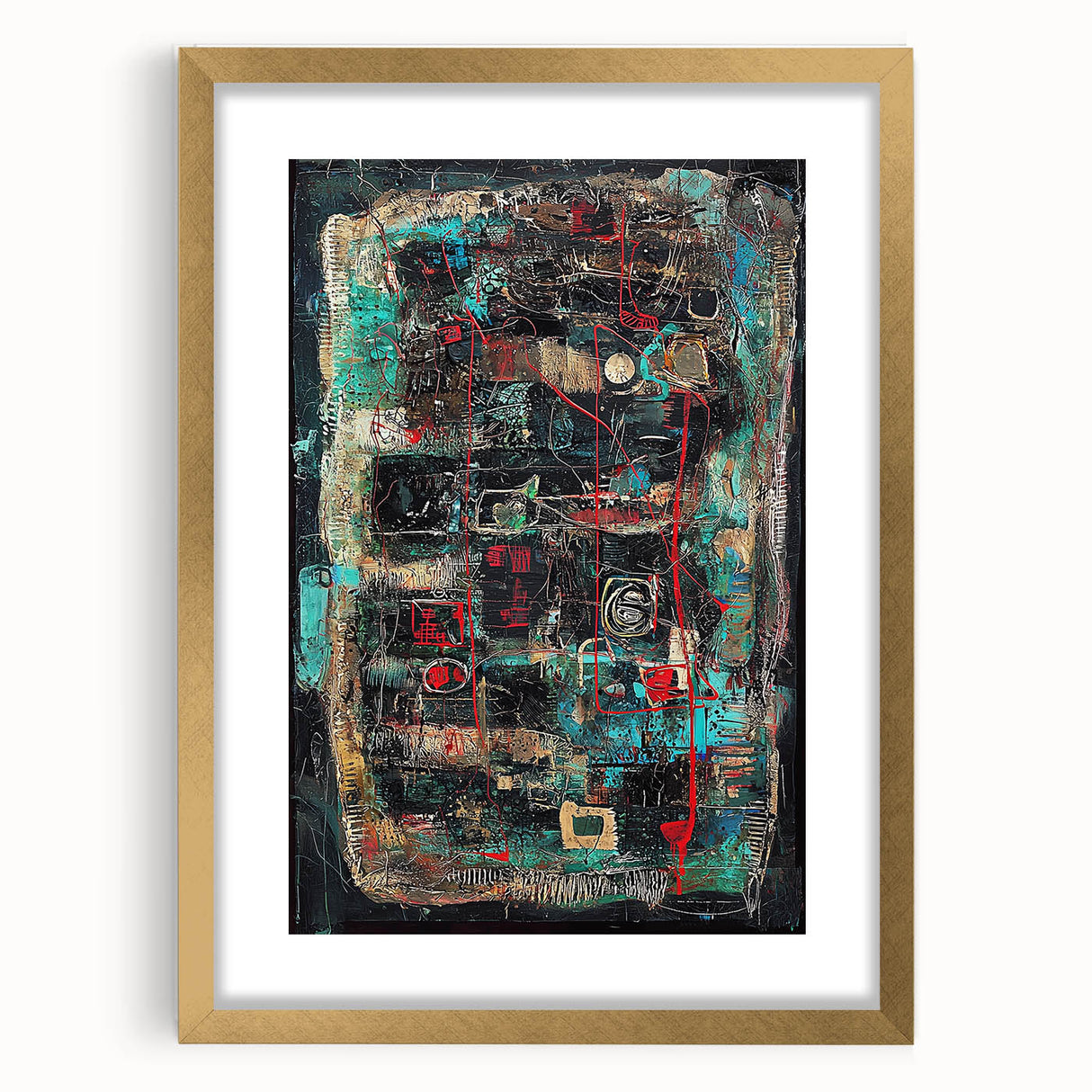 Abstract splatter art frame in gold, showcasing a modern design with vibrant color contrasts and a stylish mat, perfect for contemporary home decor.