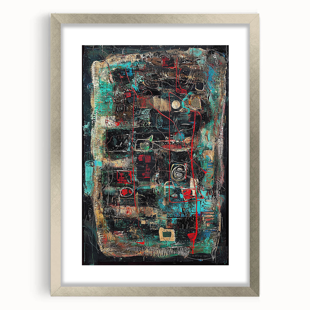 Abstract silver-framed artwork featuring colorful splatter designs with a mat, ideal for modern home decor. Perfect for adding a vibrant touch to any room.