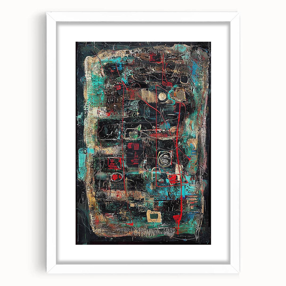 Abstract splatter art frame with white matting, showcasing vibrant colors and dynamic patterns, perfect for modern home decor or artistic displays.