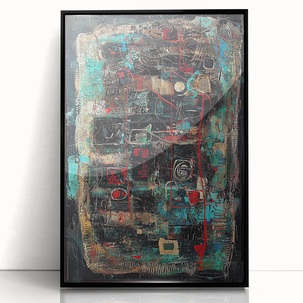 Framed acrylic artwork showcasing abstract splatters in vibrant colors, set against a sleek black background, ideal for modern home decor inspiration.