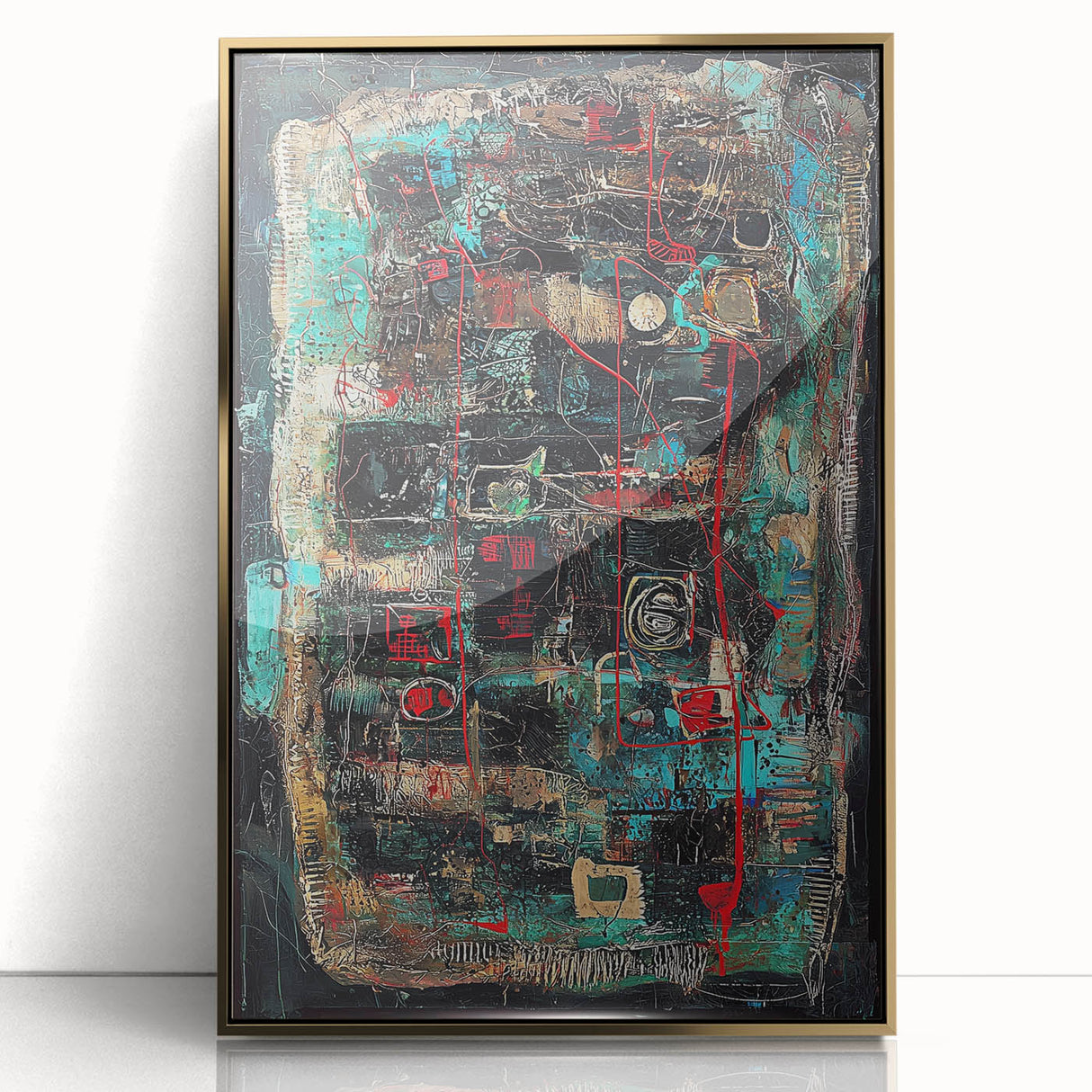 Framed acrylic wall art featuring abstract gold splatter design against a white background, adding a modern touch to any decor. Perfect for contemporary spaces.
