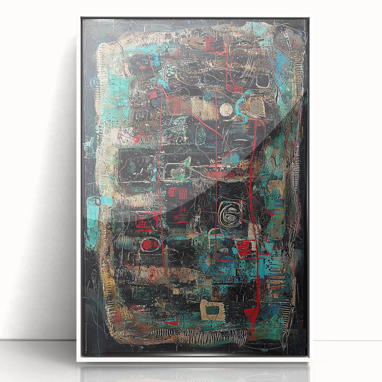 Framed acrylic artwork showcasing vibrant abstract splatters in a striking white frame, perfect for modern home decor, adding a splash of color to any room.