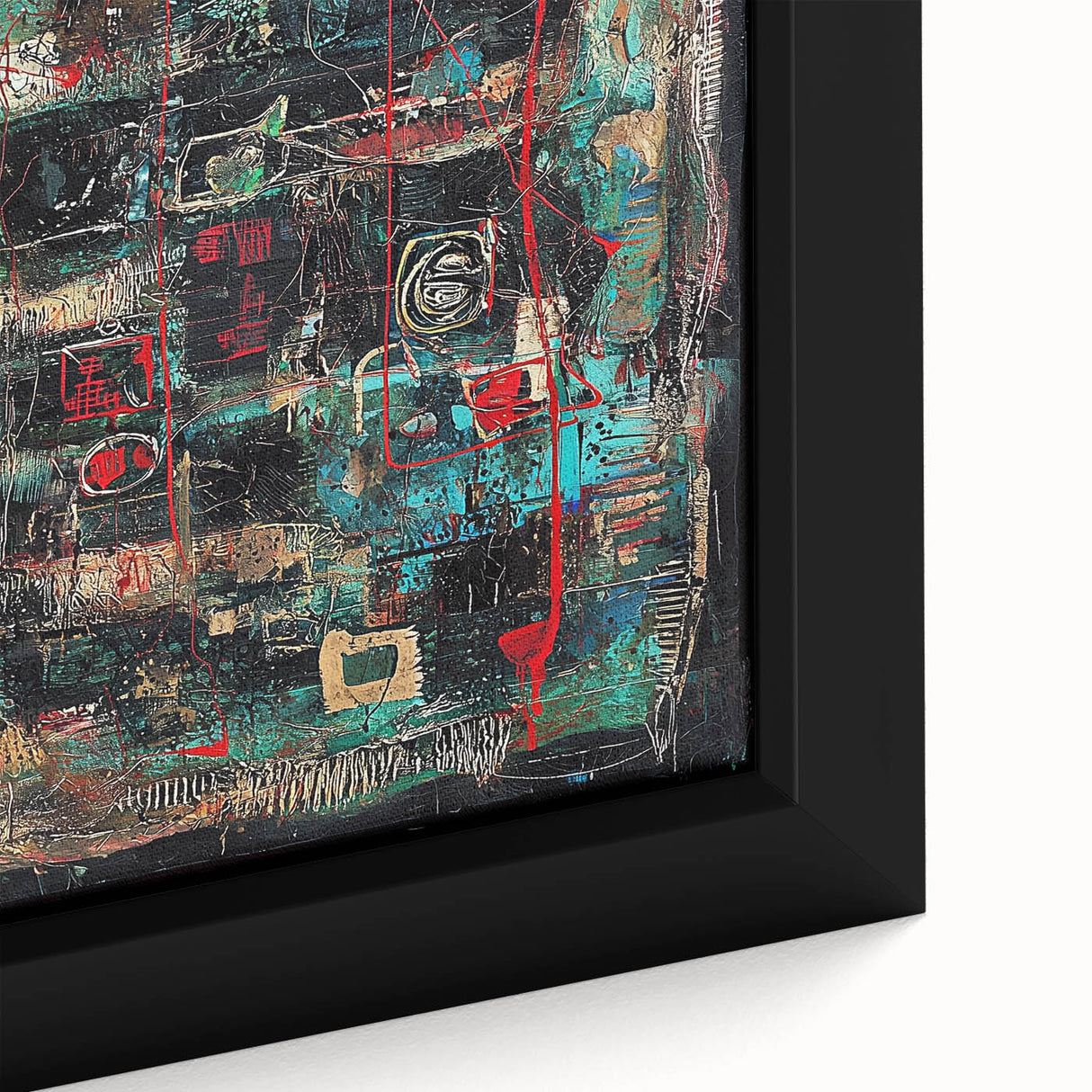 Close-up of a framed canvas artwork featuring vibrant abstract splatter designs in shades of blue, yellow, and red, enhancing modern decor aesthetics.