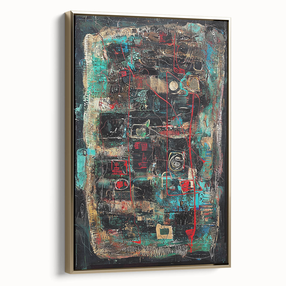 Framed canvas artwork displaying abstract gold splatters on a textured background, showcasing a modern design ideal for contemporary home decor.