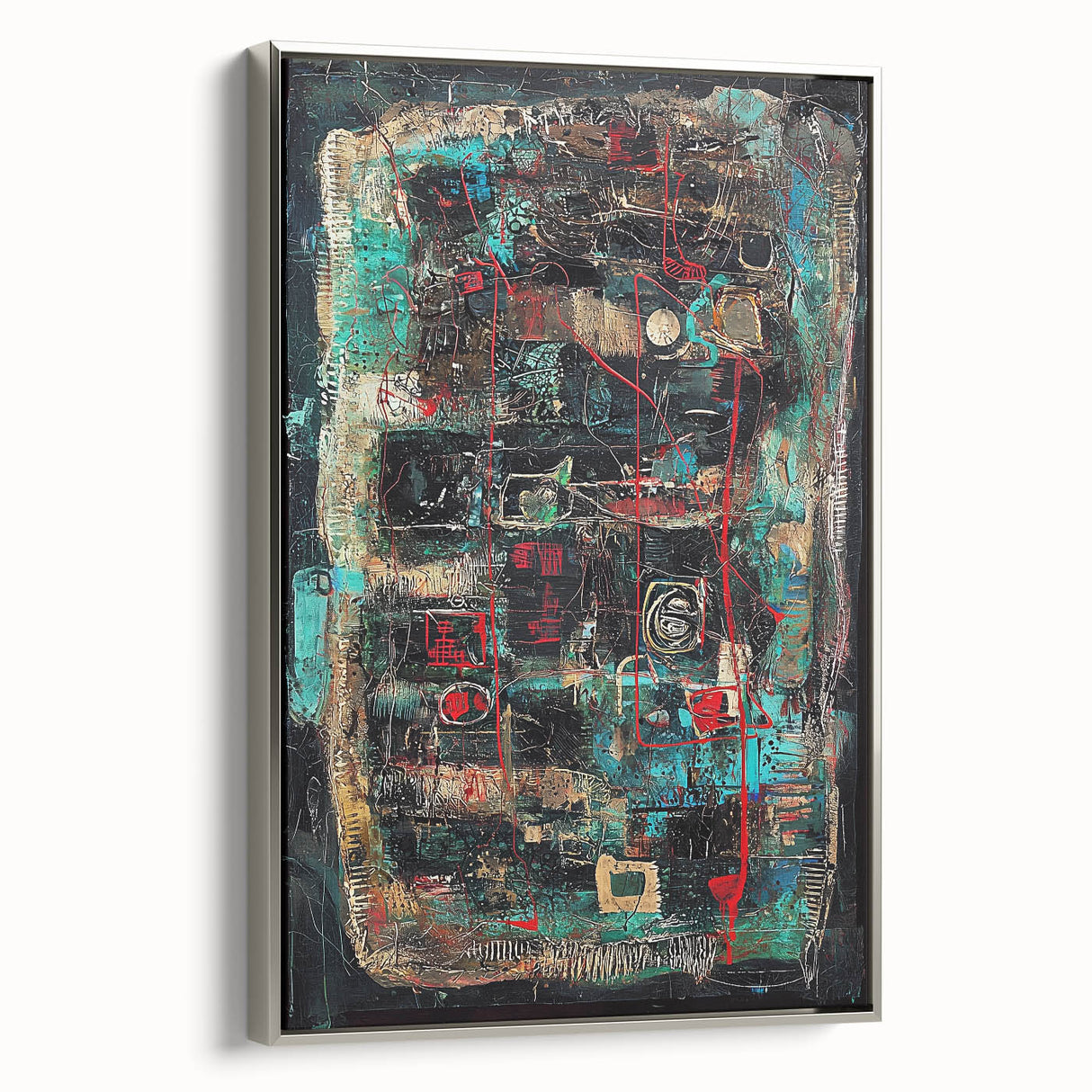 Framed abstract wall art canvas featuring colorful splatter designs, set in a sleek silver frame, ideal for modern home decor and artistic interiors.