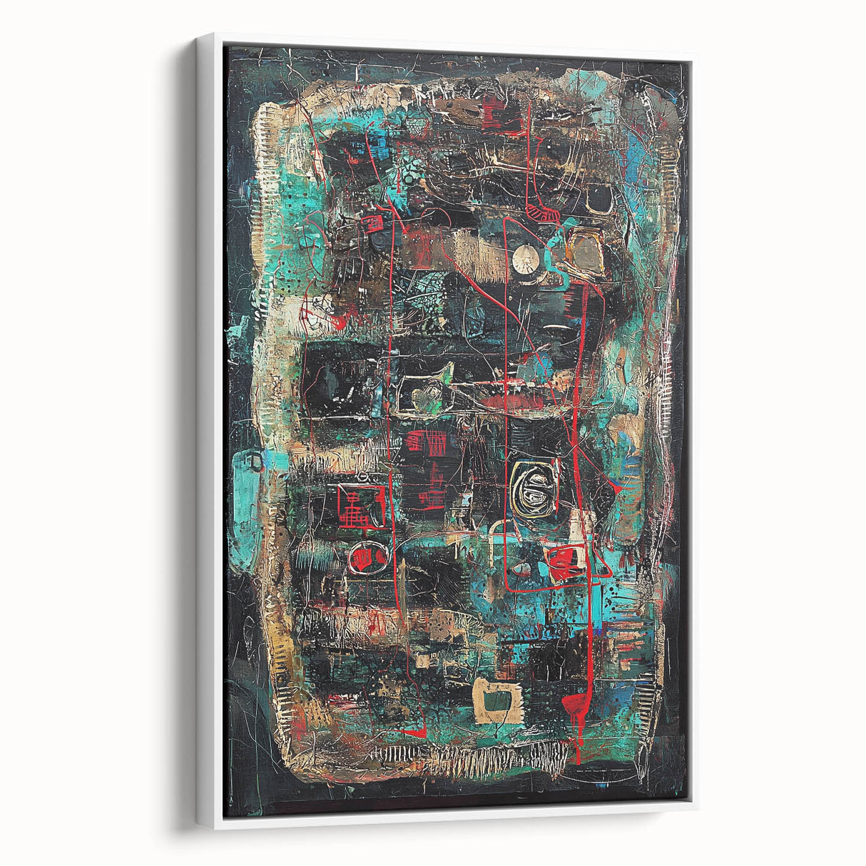 Framed canvas art showcasing a modern abstract design with colorful splatters on a white background, ideal for contemporary home decor and artistic statements.