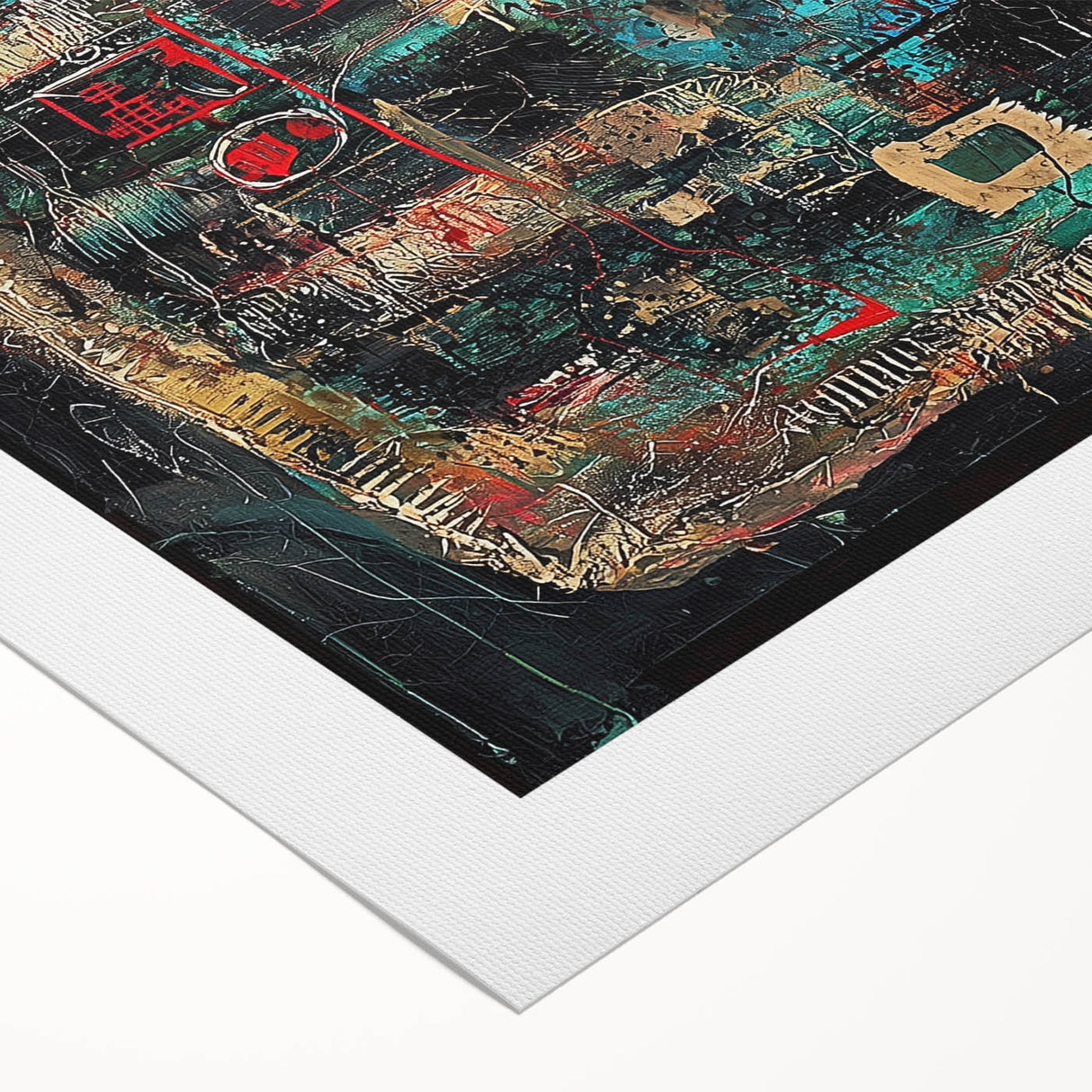 Abstract splatter artwork on rolled canvas showcasing vibrant colors and dynamic patterns, perfect for modern home decor. Ideal for adding a creative touch to any room.