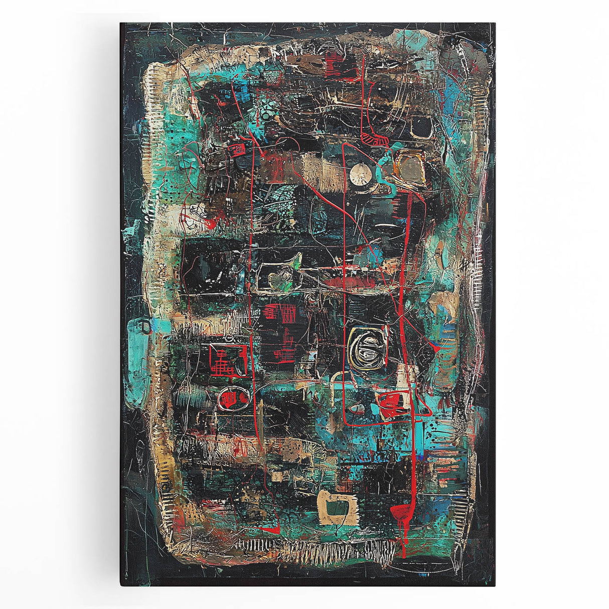 Abstract splatter art canvas featuring vibrant colors of blue, pink, and gold, perfect for modern home decor. Ideal for adding a creative touch to living spaces.