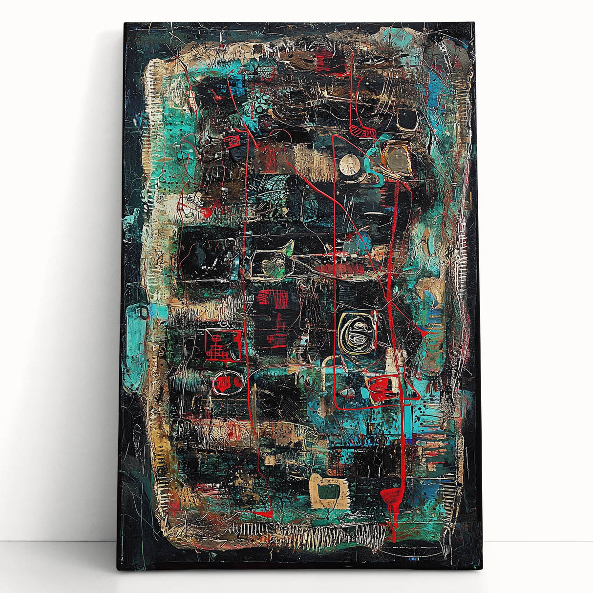 Abstract splatter art canvas leaning against a wall, showcasing vibrant colors of blue, orange, and yellow, ideal for modern home decor or artistic themes.