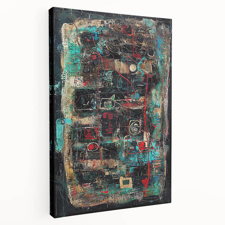 Abstract splatter art canvas with vibrant colors and dynamic patterns, showcasing a side view of the stretched artwork, ideal for modern home decor.