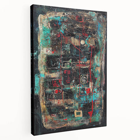 Abstract splatter art canvas with vibrant colors and dynamic patterns, showcasing a side view of the stretched artwork, ideal for modern home decor.