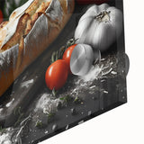 Large abstract wall art featuring an array of food dishes in mid-century modernist style on acrylic glass.