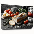 Acrylic print of various colorful food dishes in a realistic style, ideal for dining room decor.